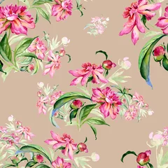 Fotobehang Tropische Bladeren Seamless pattern delicate bouquet of peonies with buds  © Irina Chekmareva