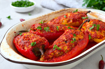 Diet peppers stuffed with chicken and tomatoes. Simple and tasty dish.