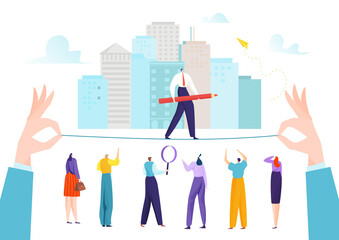 Motivation balance and challenge risk for success career vector illustration. Manager courage, fear control for achievement concentration skill. Finance crisis problem, man character hazard walking.