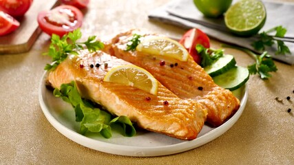 salmon fish with lemon and lettuce