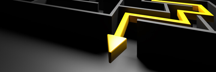 3d rendering: Concept - solving a complex problem. Black maze and floor with yellow solution path...