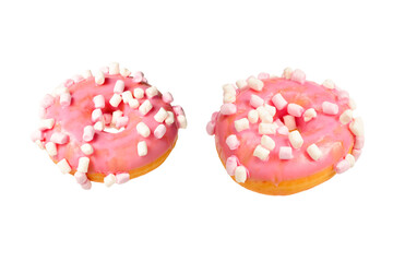 Pink donut with marshmallow isolated on white.