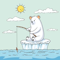 Polar bear at fishing. Hand drawn vector illustration with separate layers.