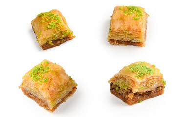 Pistachio baklava on a white background. Dessert.