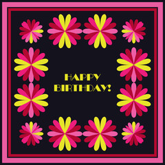 Obraz premium Birthday greeting card with flowers and geometric shapes. A festive banner. Vector illustration for web design or print.