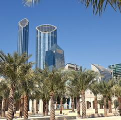 Skyline von Abu Dhabi hinter &uuml;ppigen Palmen