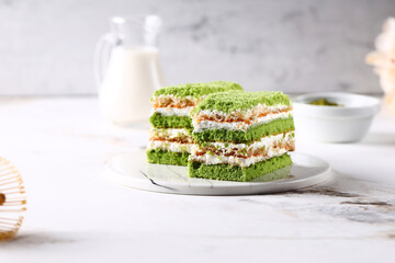 green cake with matcha tea for dessert