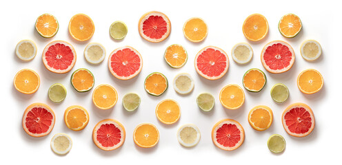Slices of citrus, grapefruit, orange, tangerine, lime, lemon. overhead view