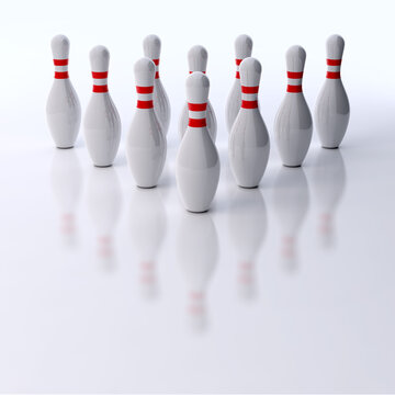 Ten bowling pins in a group on a bright background. 3D illustration.