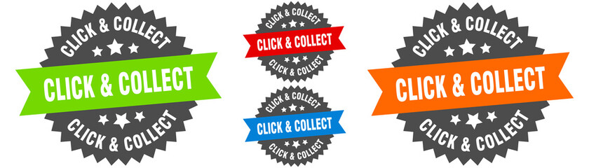 click & collect sign. round ribbon label set. Seal