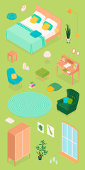 Set of isometric furniture and accessories. Vector collection. Illustration in flat design.
