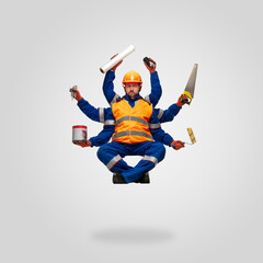 Handsome contractor, multi-armed builder levitating isolated on grey studio background with...
