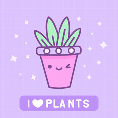 Kawaii Flowerpot with smile face. Vector isolated illustration with cute Plant in Pot in cartoon linear asian style with text, I love Plants. For print, sticker, poster, icon or card