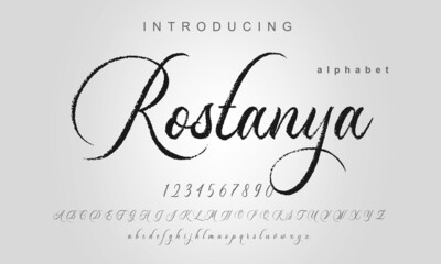 Rostanya Font. Elegant alphabet letters font and number. Classic Lettering Minimal Fashion Designs. Typography modern serif fonts regular uppercase lowercase and numbers. vector illustration