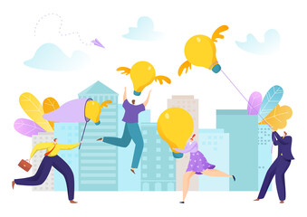Businessman person people catch business light bulb idea concept, vector illustration. Creative innovation inspiration for cartoon success. Flat net design for teamwork symbol solution.
