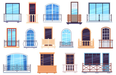 Windows and balconies. Architecture house facade with modern and classic balcony doors, casement frames and railings vector set. Facade balcony construction, architecture apartment illustration