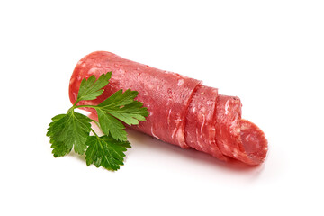 Smoked salchichon sausage, isolated on white background