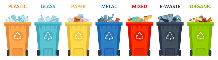 Recycling bins. Containers with separated garbage. Trash cans for plastic, glass, paper and organic. Segregate waste vector illustration. Garbage recycling, organic recycle box for trash material - obrazy, fototapety, plakaty