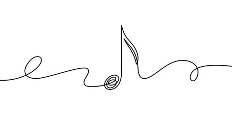 Continuous line music note. Musical symbol in one linear minimalist style. Trendy abstract wave melody. Vector outline sketch of sound. Illustration musical graphic contour, minimalistic note outline - obrazy, fototapety, plakaty