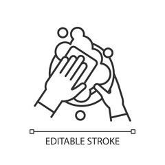 Dishwasher linear icon. Ensuring cleanliness and sanitization. Washing dishes and appliances. Thin line customizable illustration. Contour symbol. Vector isolated outline drawing. Editable stroke