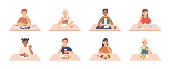 Kids eat. Boys, girls group eating meals and drinks at table, enjoying breakfast, lunch children vector character. Dinner sitting people, breakfast enjoying fast food and other meal illustration