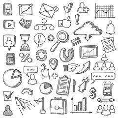 Obraz premium Digital marketing doodle. Media market business internet management. Blog communication startup team innovation presentation vector set. Illustration digital marketing icons sketch