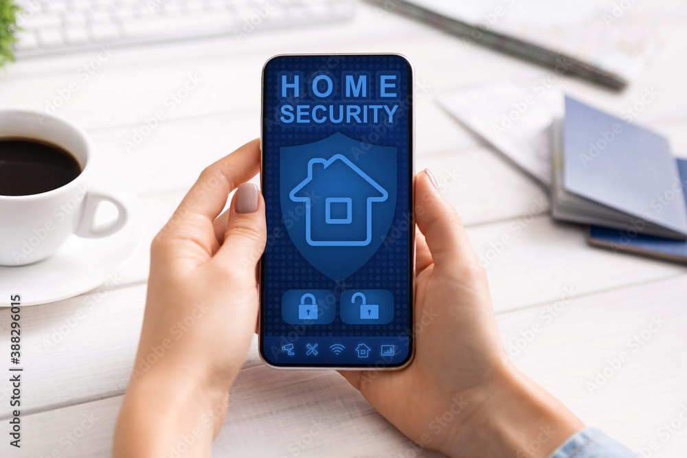 Poster lady using her smartphone with home security application