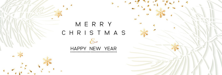 Winter holidays or Christmas background with branches and snowflakes.