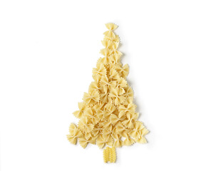 Christmas tree made of raw italian pasta isolated on a white background. Winter holidays concept