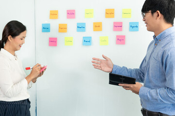 Fototapeta premium business teamwork in meeting and adhesive stick note on mirror board discussting with team in office room for collecting some idea brainstorming plan.