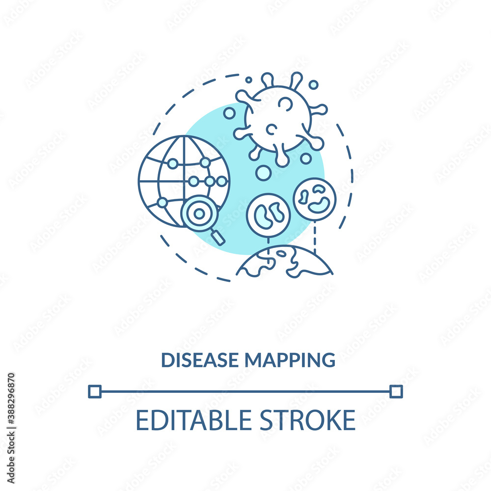 Poster Disease mapping concept icon. Digital illness trackimg device. Smart technologies. AI application idea thin line illustration. Vector isolated outline RGB color drawing. Editable stroke