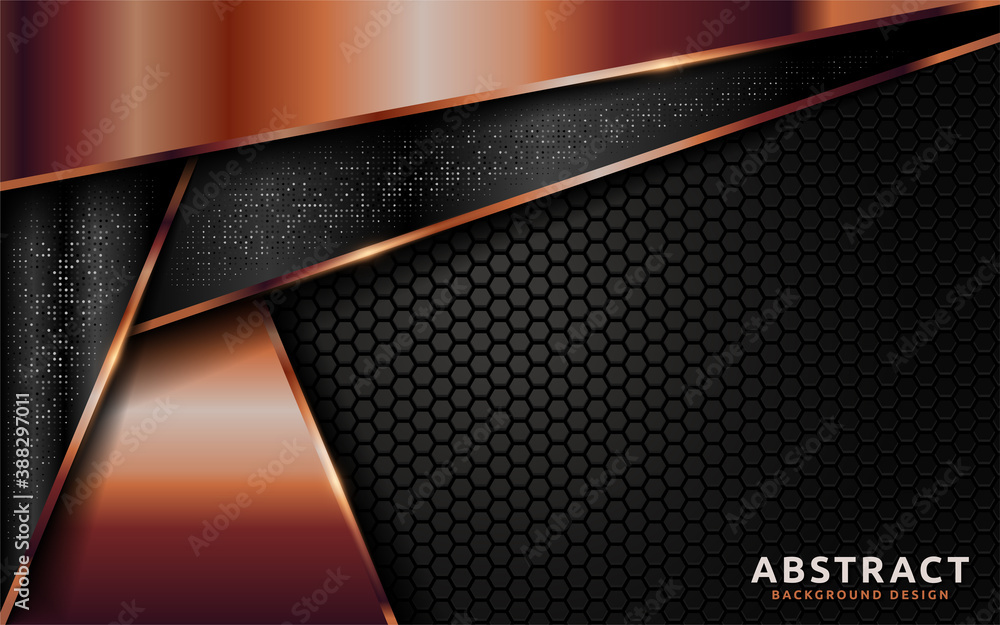 Poster Dark abstract background with overlap layer texture and golden lines element.