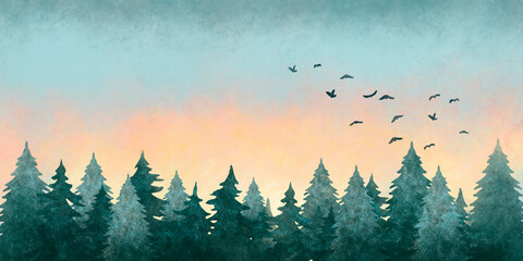 Illustration à l& 39 aquarelle d& 39 un paysage forestier au coucher du soleil avec des oiseaux volants dans le ciel.