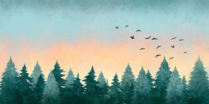 Watercolor illustration of a forest landscape at sunset with flying birds in the sky.