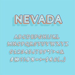 Nevada header vintage 3d vector alphabet set. Retro bold font, typeface. Pop art stylized lettering. Old school style letters, numbers, symbols pack. 90s, 80s creative typeset design template