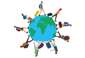 People (tourists) with suitcases, bags and things walking on planet Earth. Group of people going on circle. Vector illustration