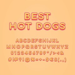 Obraz premium Best hot dogs header vintage 3d vector alphabet set. Retro bold font, typeface. Pop art stylized lettering. Old school style letters, numbers, symbols pack. 90s, 80s creative typeset design template