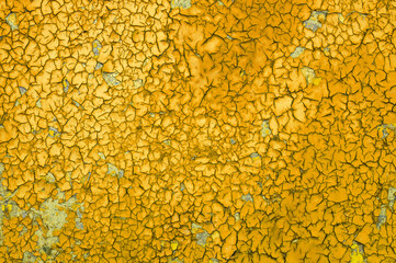 background of the old oily yellow paint is cracked by the weather. Texture.