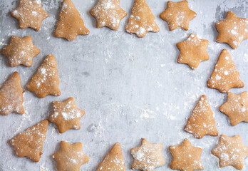 Gingerbread cookies, Christmas gingerbread cookies. Christmas tree and star cookies. New year's Christmas food top view . celebration, celebration, art of food.