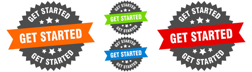 get started sign. round ribbon label set. Seal