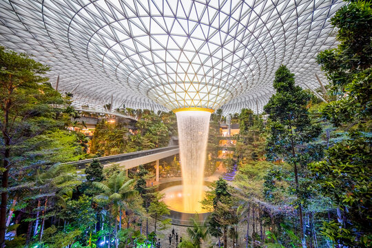 SINGAPORE - MARCH 3, 2020: Waterfall at the shopping center JEWEL CHANGI AIRPORT at terminal 4 of changi airport singapore