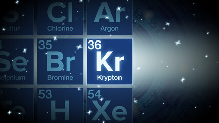 Close up of the Krypton symbol in the periodic table, tech space environment.
