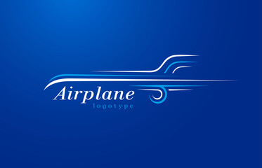 Airplane logo lines style plane silhouette white color blue background