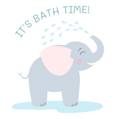 It's bath time! Cute baby elephant playing with water. Vector illustration.