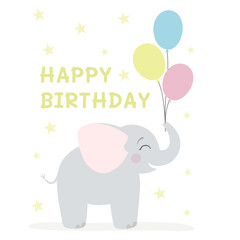 Happy Birthday. Cute baby elephant with baloons. Vector illustration.