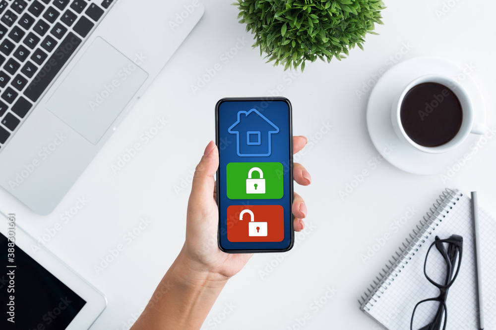 Poster Lady using her cellphone with home security application