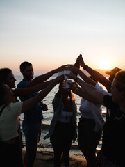 Friends silhouette sunset beach cheers