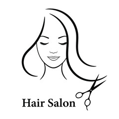 Contour logo for beauty salon. Woman with closed eyes, long hair and scissors. Vector illustration.