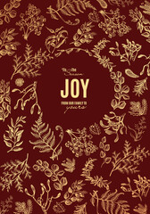 Merry Christmas and Happy New Year Greeting Card. Vector illustration sketch christmas party invitation with bals, gift, mistletoe, tree, cones.