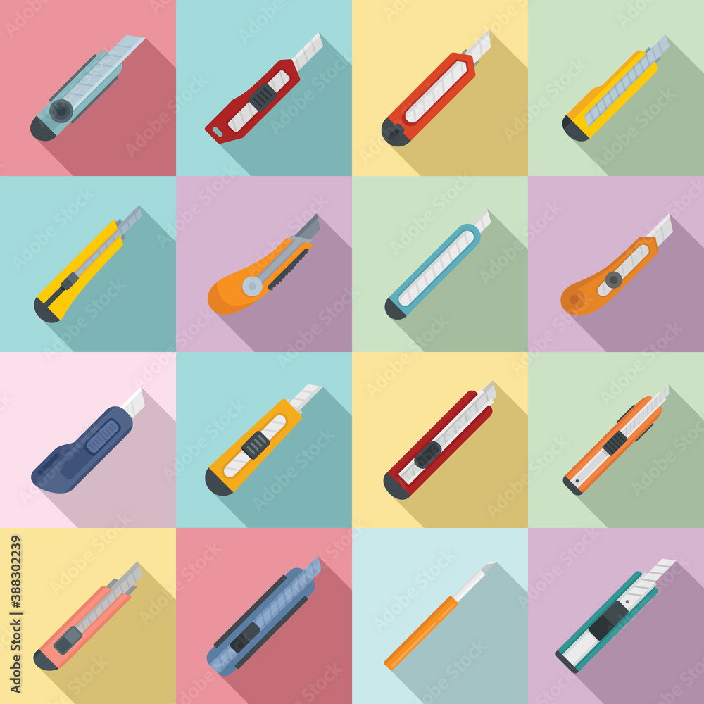 Poster cutter icons set. flat set of cutter vector icons for web design